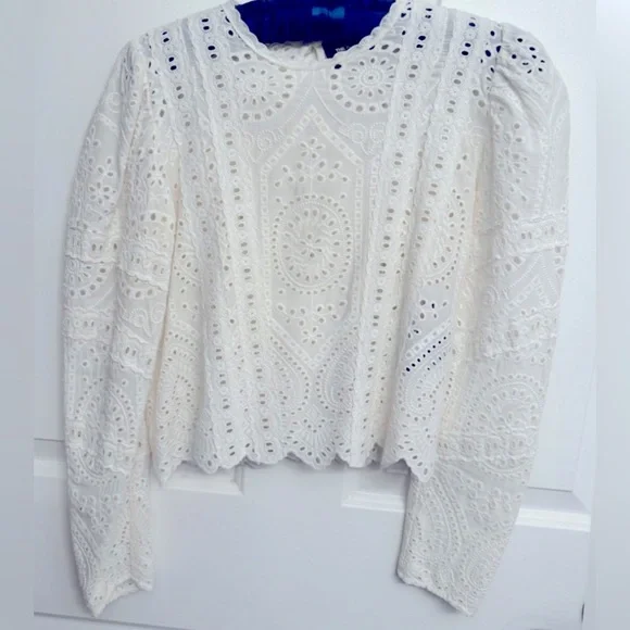 THE KOOPLES Black Lace Long-Sleeve Blouse Size 0 Scallop Hem Fitted Top - Picture 2 of 5